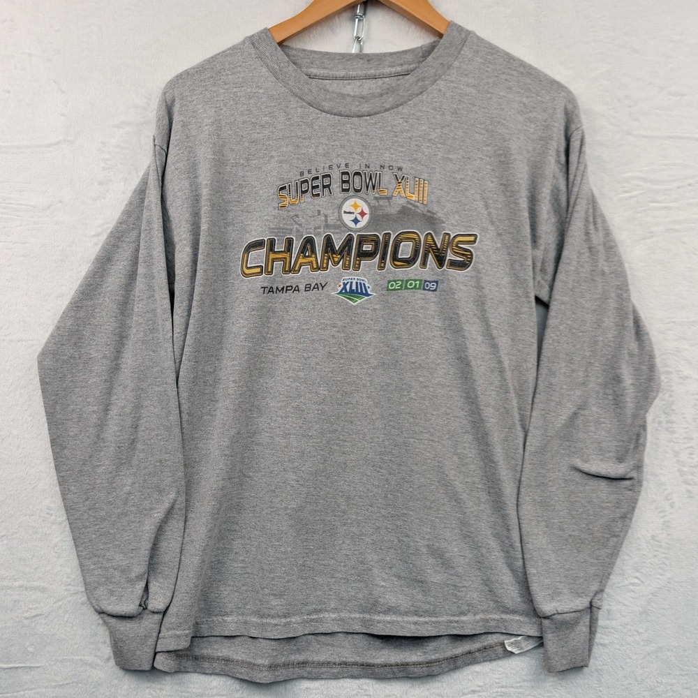 VTG Pittsburgh Steelers T-Shirt Mens M Gray Long Sleeve Super Bowl Champions Y2K